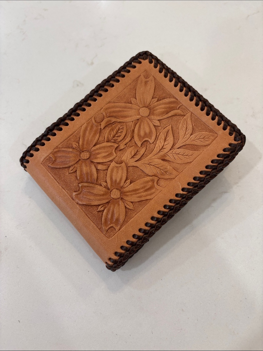 Vintage Hand-Tooled Floral Leather Wallet - Brown